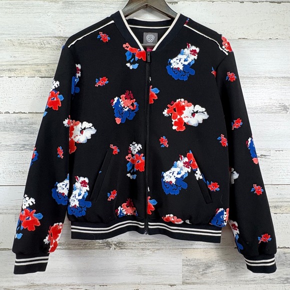 Vince Camuto Womens Traveling Bloom Black Floral Zip Up Bomber Jacket Size M - Picture 2 of 13